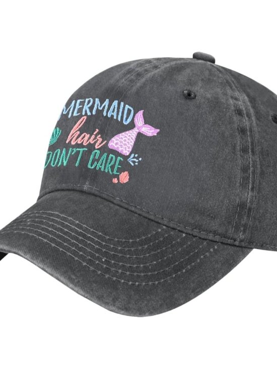 Women\'s Embroidery Adjustable Washed Distressed Casual Trucker Hat Mermaid main image 4